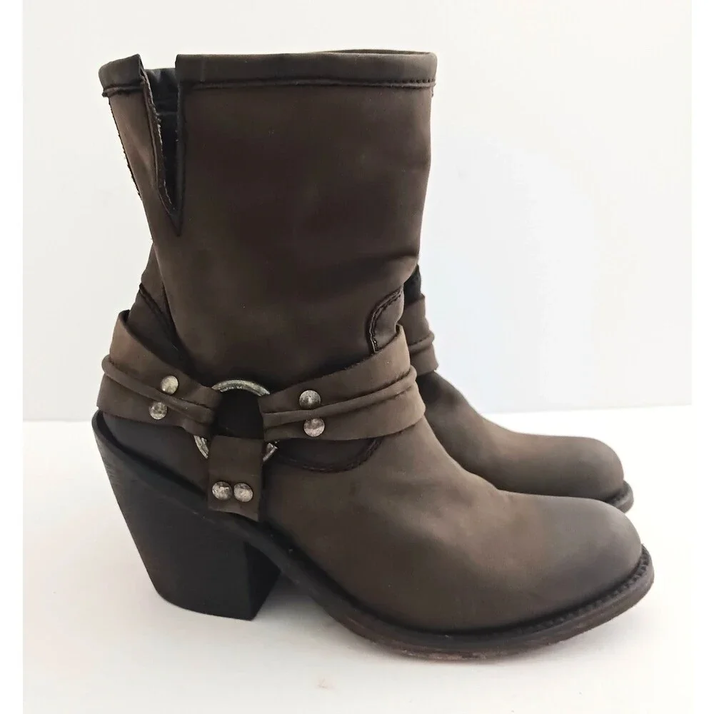 Independent Boot Co Brown Leather Moto Ankle Boot Harness Strap Made Mexico 6.5